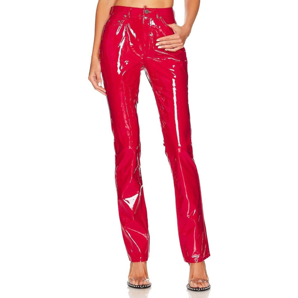 NWT AFRM Heston Straight Leg Patent Leather Pants 28 True Red Vinyl High Waisted